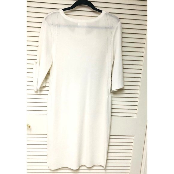 NWT Tea N Rose Knit Sweater Dress Women's L Off Winter White Split 3/4 Bow Slv - Picture 4 of 6